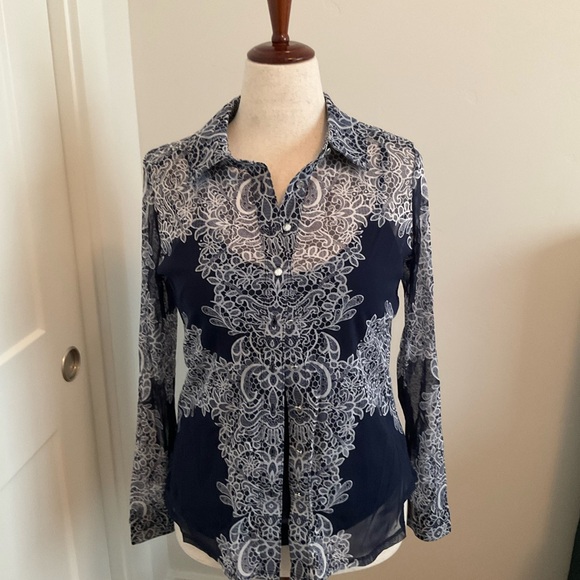 INC International Concepts Tops - INC International Concepts Navy and White Lace Pattern Shirt